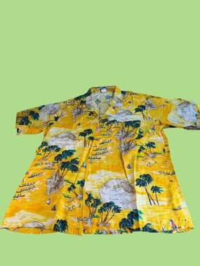 Vintage Ocean Pacific OP Yellow Rayon Hawaiian shirt Men's XL Globe Palm Trees